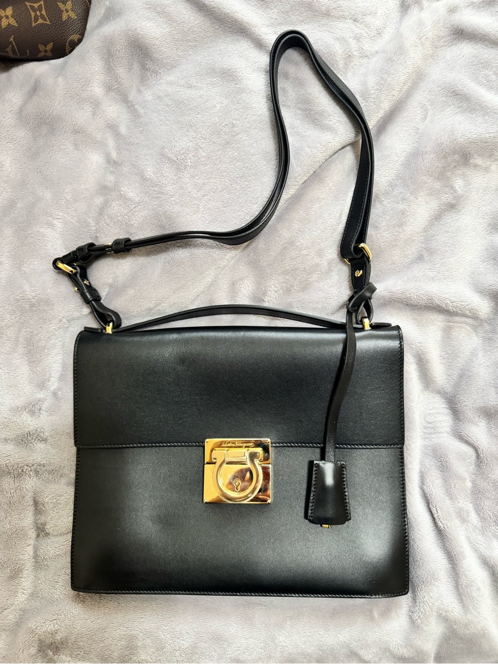 SALVATORE FERRAGAMO MARISOL BAG Black Leather Shoulder Bag with Gold Hardware